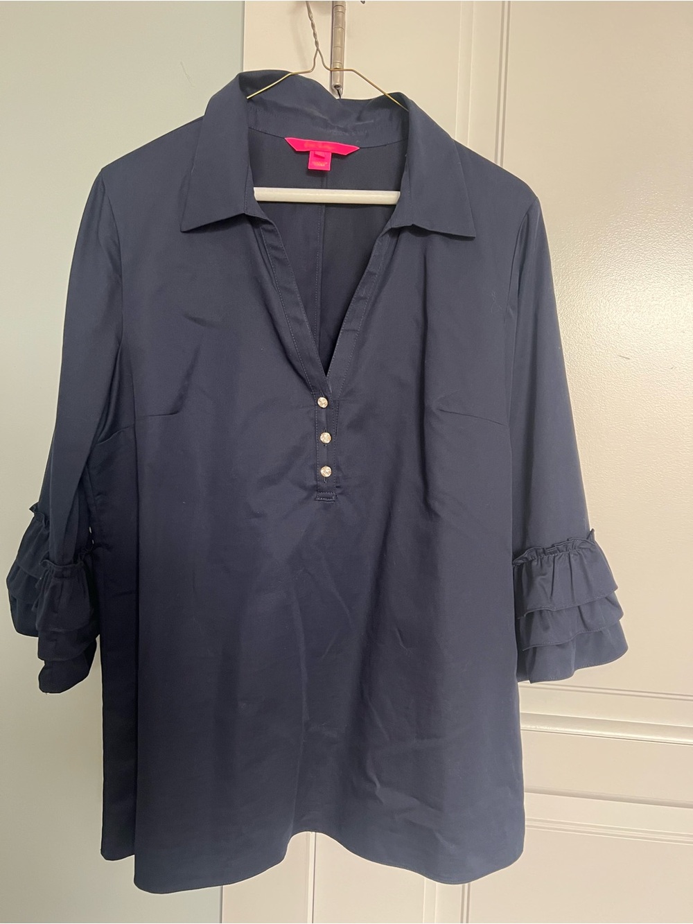 Lilly Pulitzer Navy Ruffle-Tier Popover Blouse